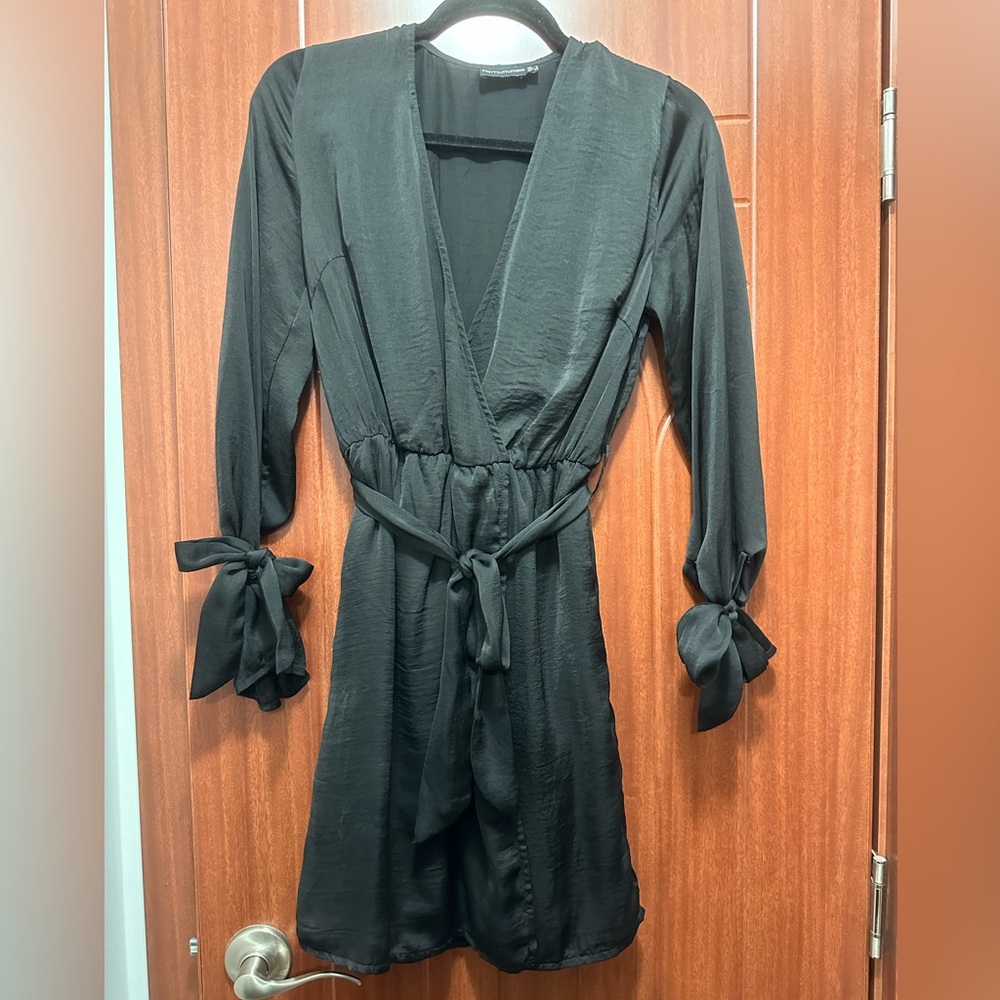 Black satin faux wrap dress